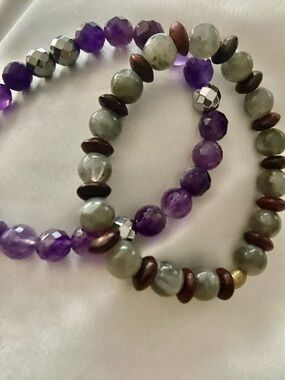 African Bloodstone & Amethyst Bracelet Duo